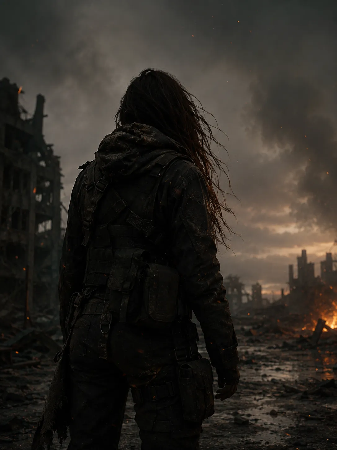 A figure seen from behind, standing in a ruined street as fire burns in the distance.