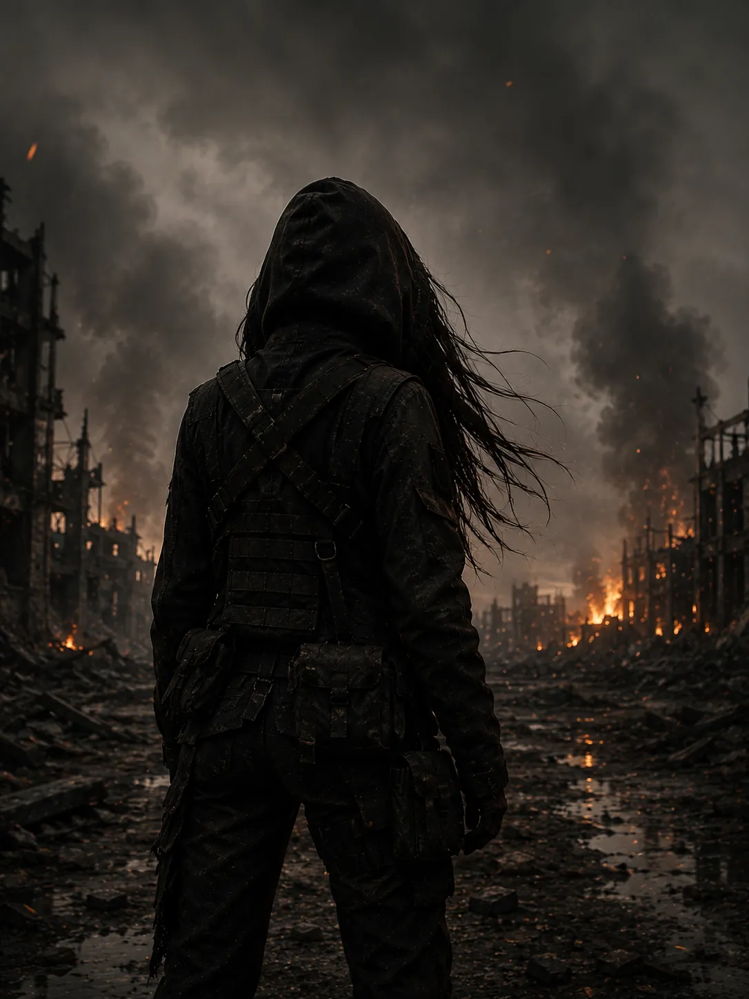 A hooded figure with long hair, facing a burning, ruined city.