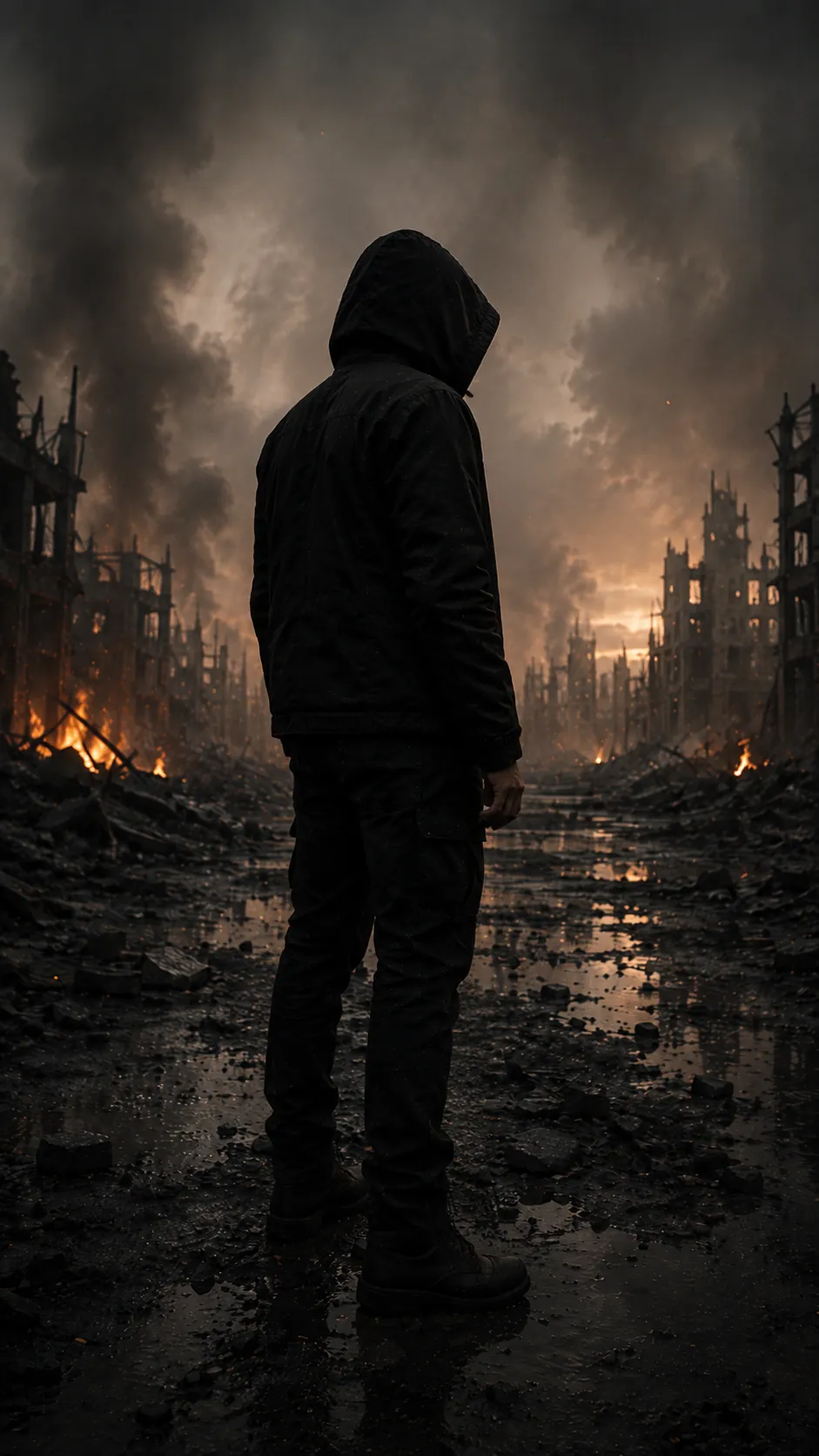 A hooded figure in black, standing in a ruined street under a burning sky.